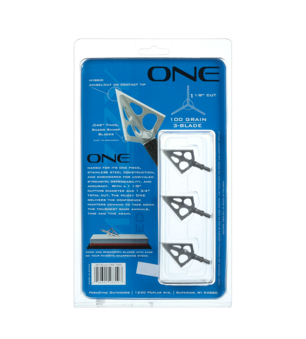 Muzzy One 100 Grain Machined Stainless Steel Ferrule 3-Blade Archery Crossbow Broadhead, 3-Pack