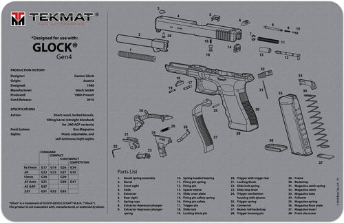 Tekmat Armorers Bench Mat - 11"x17" Glock Gen4 Grey